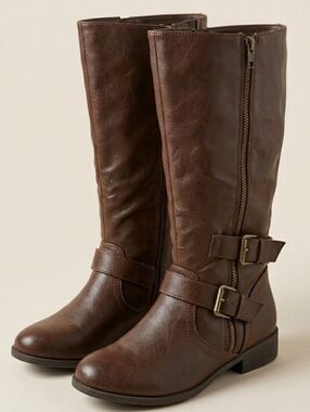 Unbranded Brown Faux Leather Moto Equestrian Tall Buckle Side Zip Boots 10W